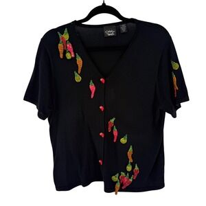 Christina Rotelli Cardigan Women L Black 3-D Beaded Chili Pepper Novelty